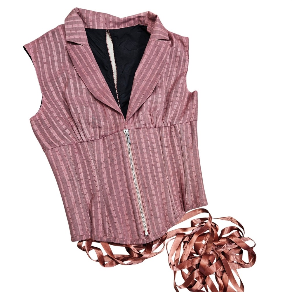 Corset Story Womens 28"‎ Pink Striped Corset Vest Blazer Zipper Renaissance Dom